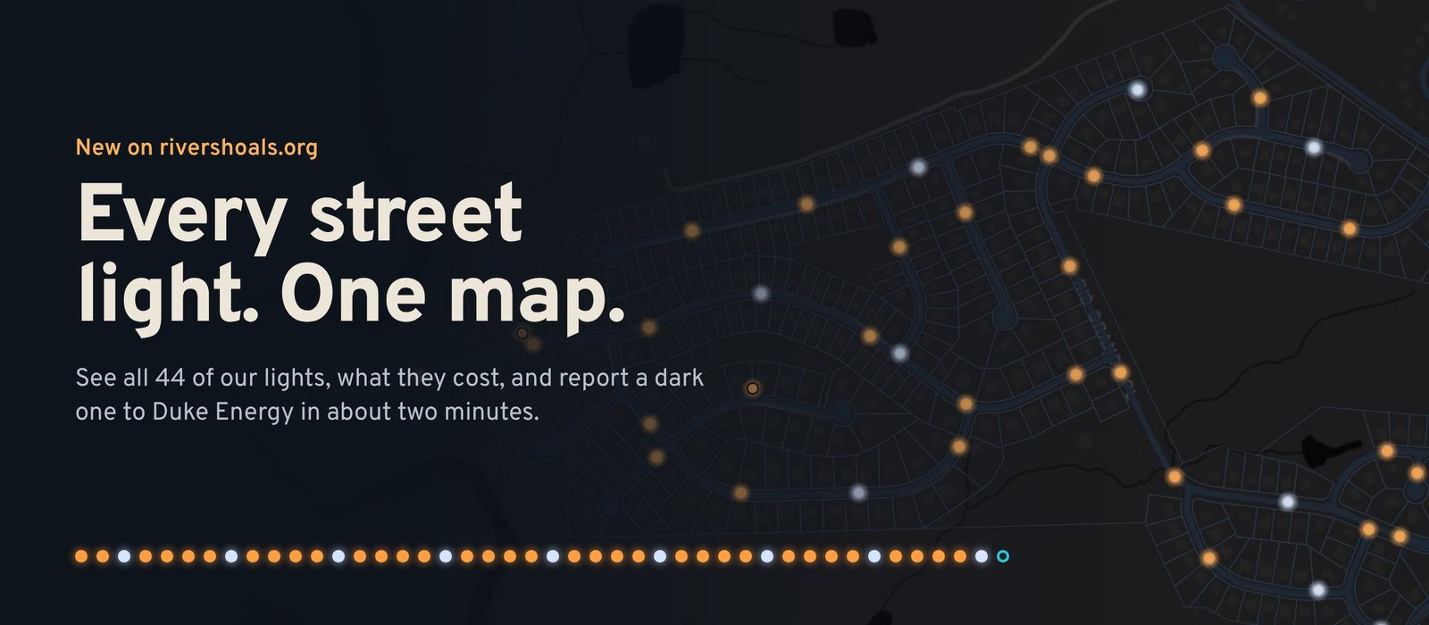 The River Shoals street light map at night, every light glowing in its real color